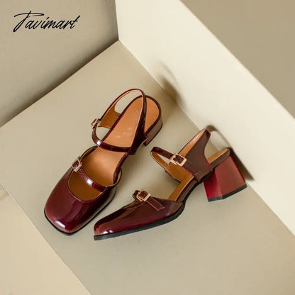 Spring Summer New Women Sandals Square Toe Buckle Chunky Pumps Patent Leather High Heels Mary Janes Ladies Party Slingback Shoes