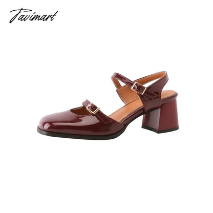 Spring Summer New Women Sandals Square Toe Buckle Chunky Pumps Patent Leather High Heels Mary Janes Ladies Party Slingback Shoes