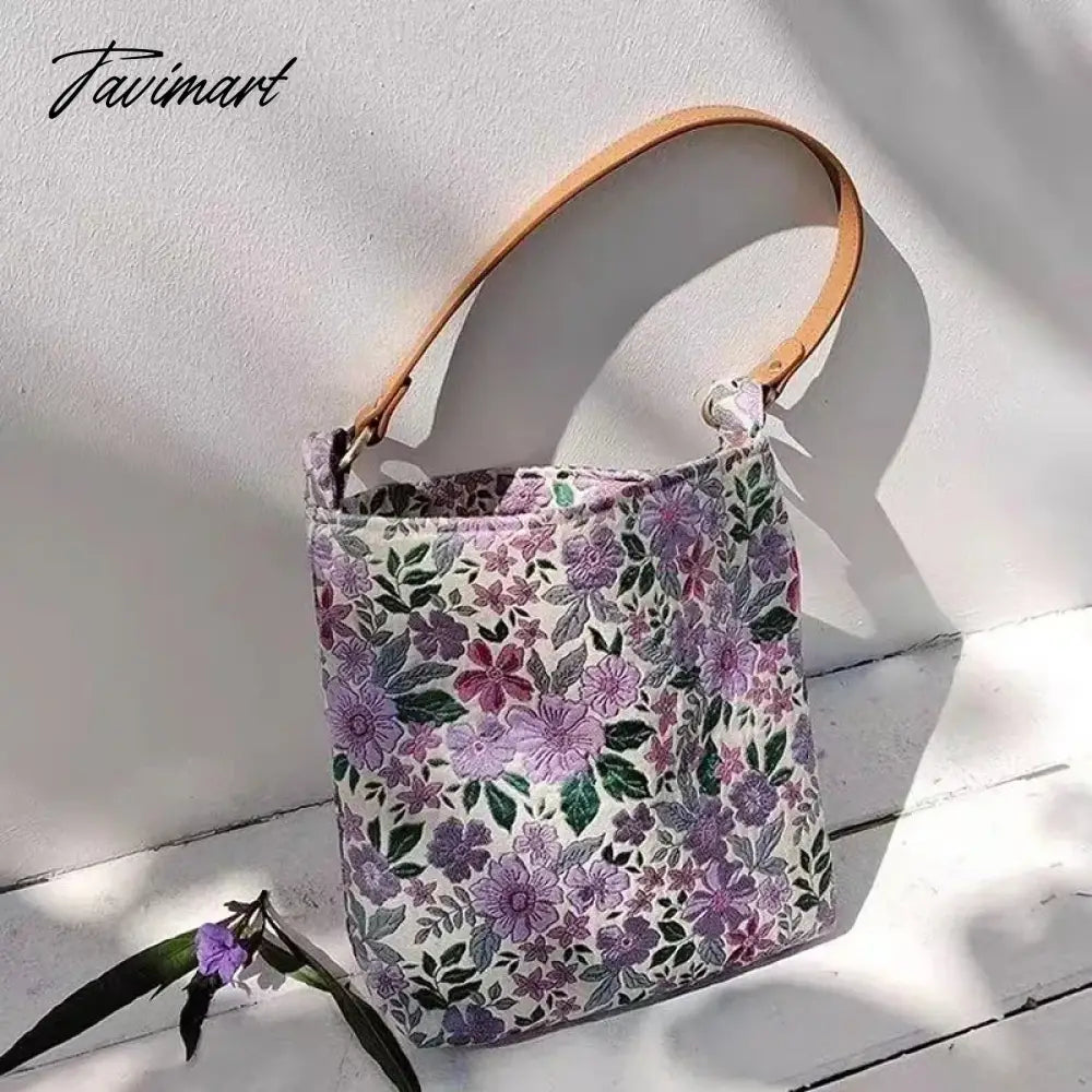 Spring Summer Purple Exquisite Embroidery Flower Blossom PU Shoulder Strap Handbag Underarm Bags With Zipper