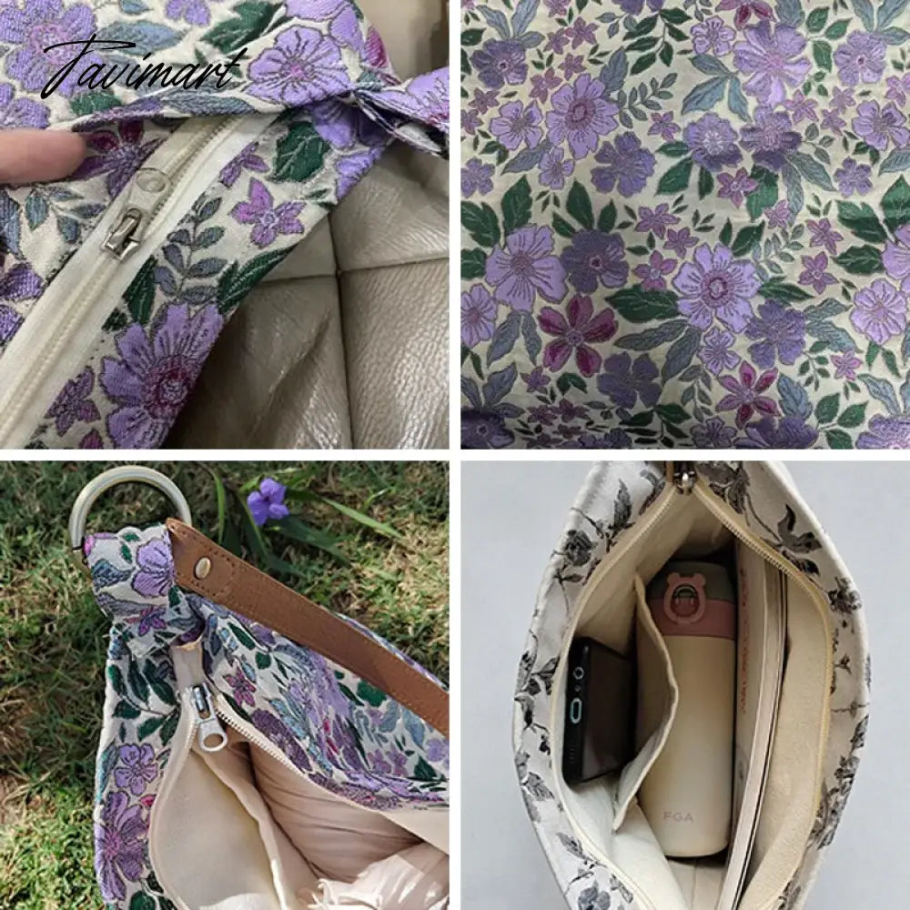 Spring Summer Purple Exquisite Embroidery Flower Blossom PU Shoulder Strap Handbag Underarm Bags With Zipper