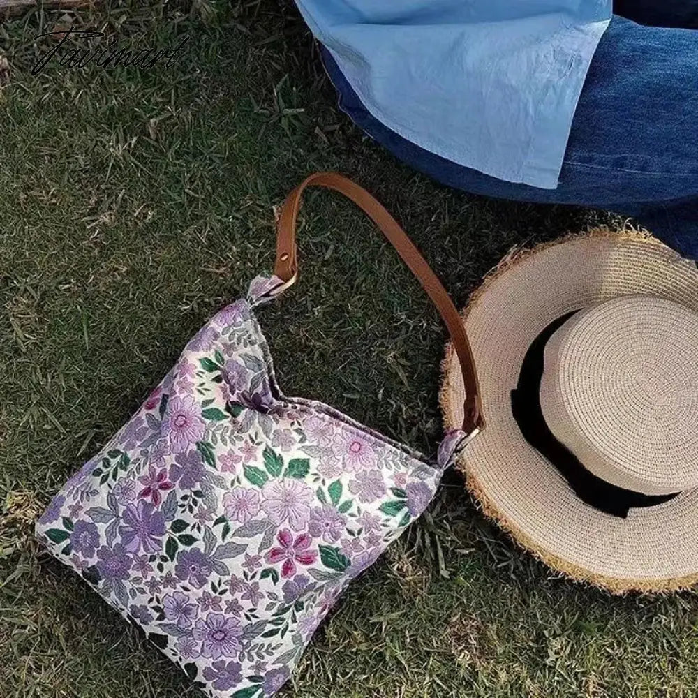 Spring Summer Purple Exquisite Embroidery Flower Blossom PU Shoulder Strap Handbag Underarm Bags With Zipper