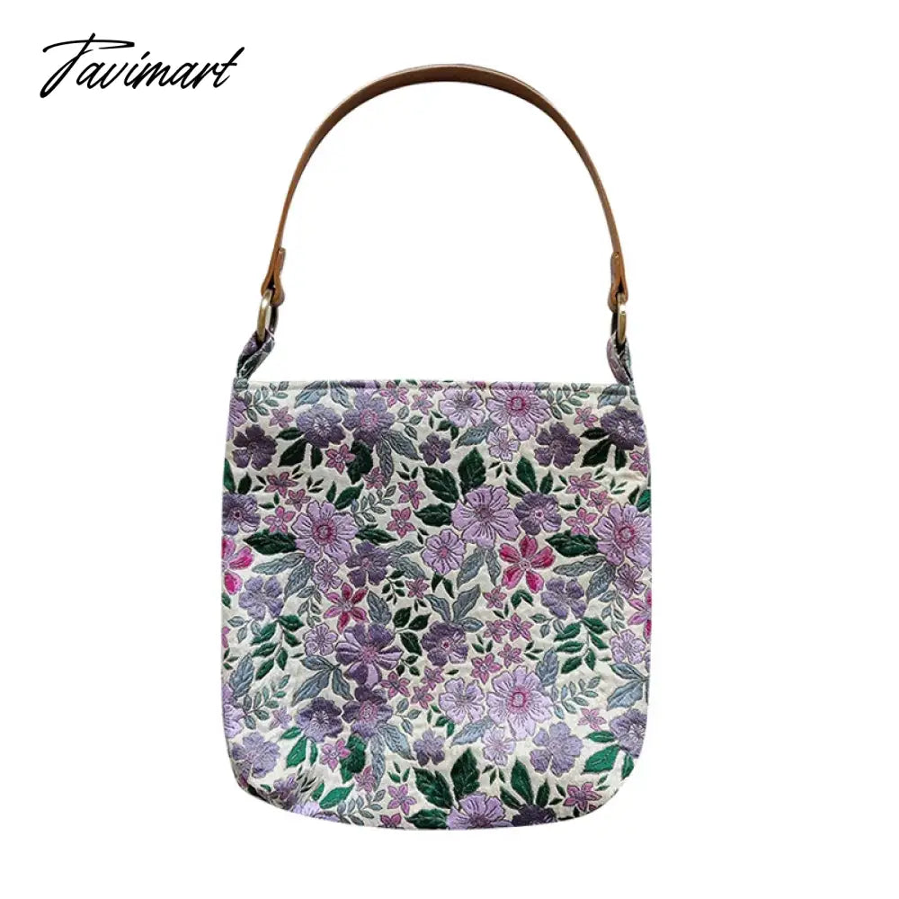 Spring Summer Purple Exquisite Embroidery Flower Blossom PU Shoulder Strap Handbag Underarm Bags With Zipper