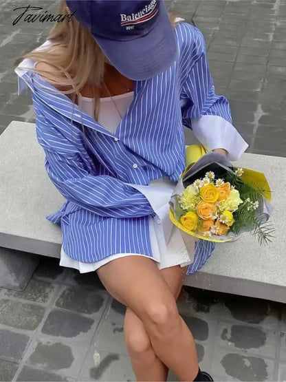 Spring Summer Striped Blouses 2024 New Simple Long Sleeve Lapel Collar Patchwork Blouse Ladies Casual Fashion Shirts For Women