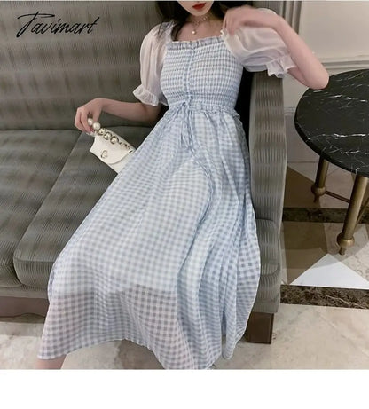 Spring Summer Women Elegant Puff Sleeve Plaid Blue Dress Female Square Collar Patchwork Fairy Holiday Dress