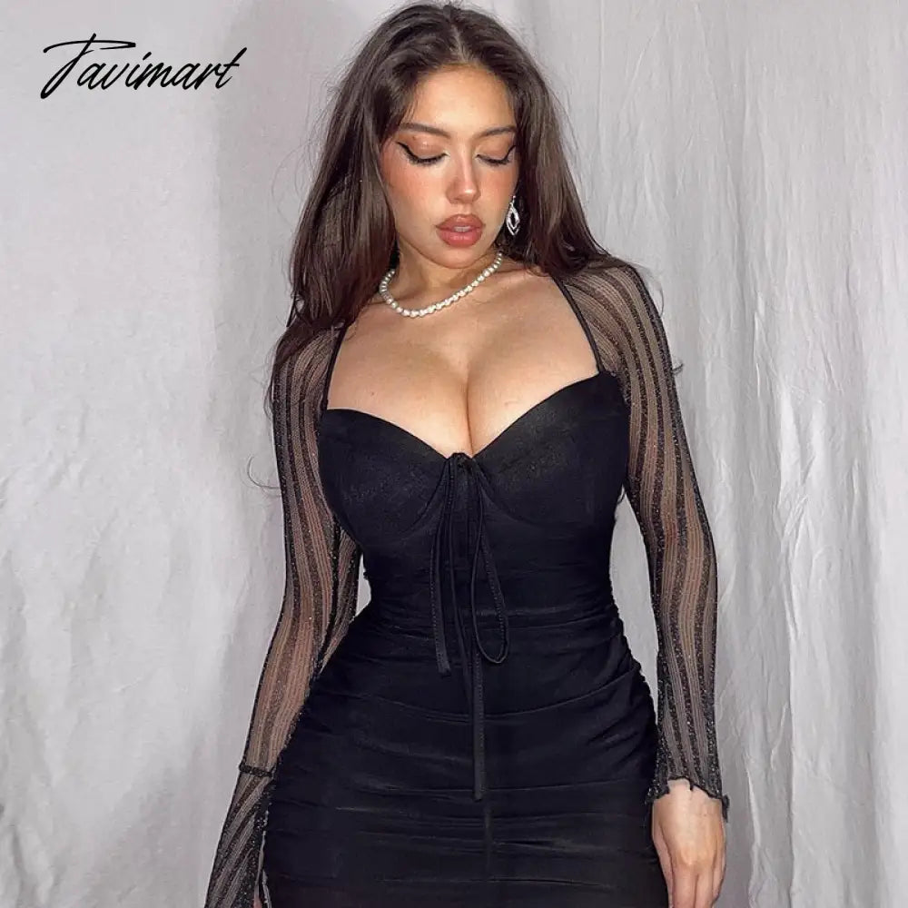 Spring Summer Women Sexy Lace Black Sheer Mesh Long Sleeves Knee Length Backless Bodycon Short Gown Night Club Dresses