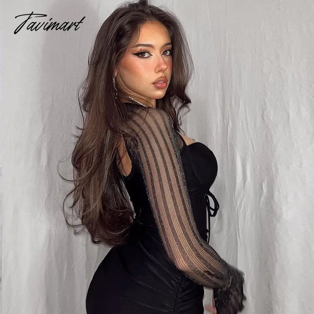 Spring Summer Women Sexy Lace Black Sheer Mesh Long Sleeves Knee Length Backless Bodycon Short Gown Night Club Dresses