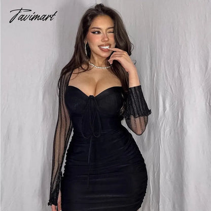 Spring Summer Women Sexy Lace Black Sheer Mesh Long Sleeves Knee Length Backless Bodycon Short Gown Night Club Dresses