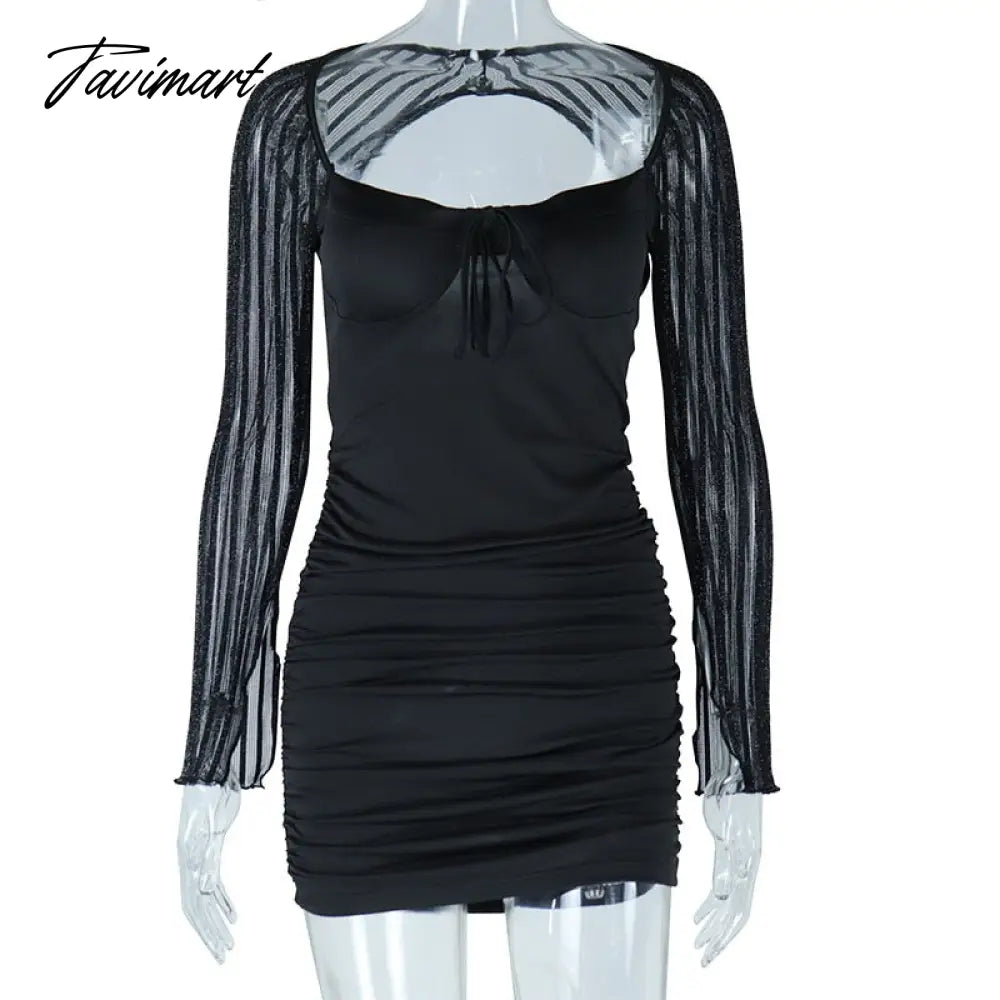 Spring Summer Women Sexy Lace Black Sheer Mesh Long Sleeves Knee Length Backless Bodycon Short Gown Night Club Dresses