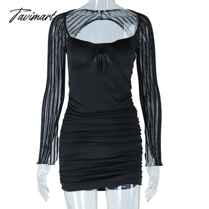 Spring Summer Women Sexy Lace Black Sheer Mesh Long Sleeves Knee Length Backless Bodycon Short Gown Night Club Dresses