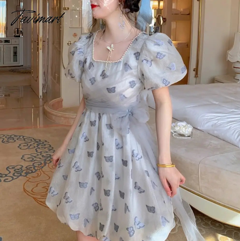 Spring Vintage Fairy Casual Printing Women Patchwork Mini Dress Ladies Elegant Princess Korean Mesh Party Dresses Y2k