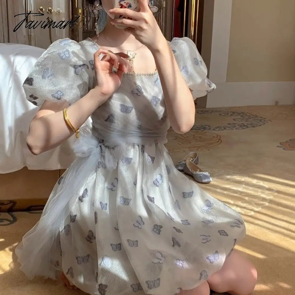 Spring Vintage Fairy Casual Printing Women Patchwork Mini Dress Ladies Elegant Princess Korean Mesh Party Dresses Y2k