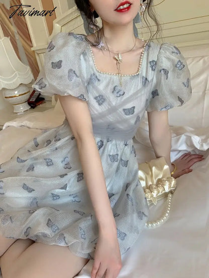 Spring Vintage Fairy Casual Printing Women Patchwork Mini Dress Ladies Elegant Princess Korean Mesh Party Dresses Y2k