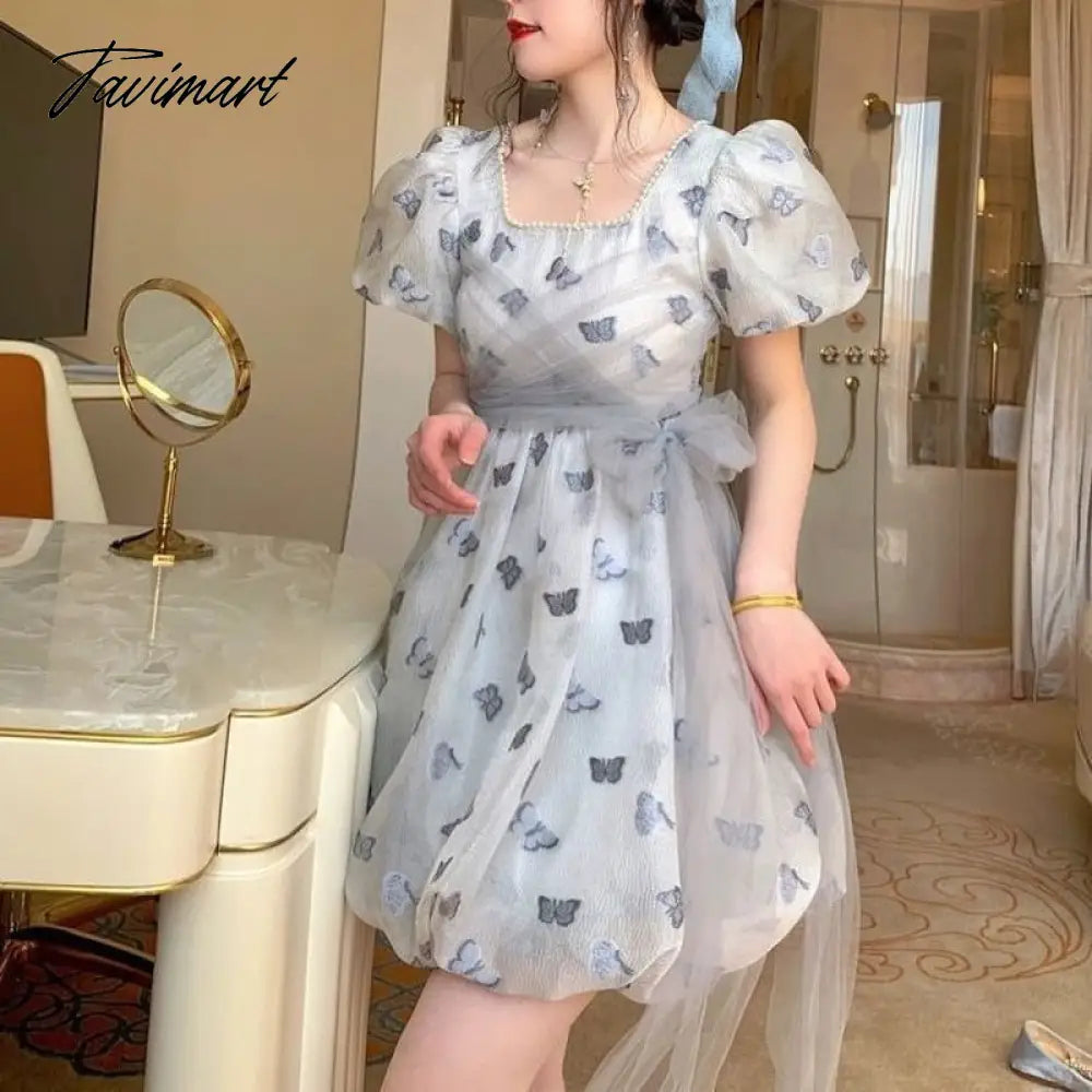 Spring Vintage Fairy Casual Printing Women Patchwork Mini Dress Ladies Elegant Princess Korean Mesh Party Dresses Y2k