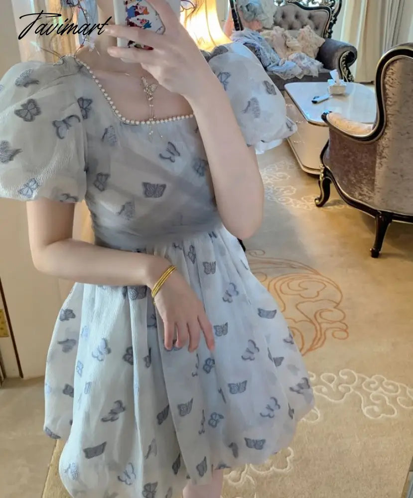 Spring Vintage Fairy Casual Printing Women Patchwork Mini Dress Ladies Elegant Princess Korean Mesh Party Dresses Y2k