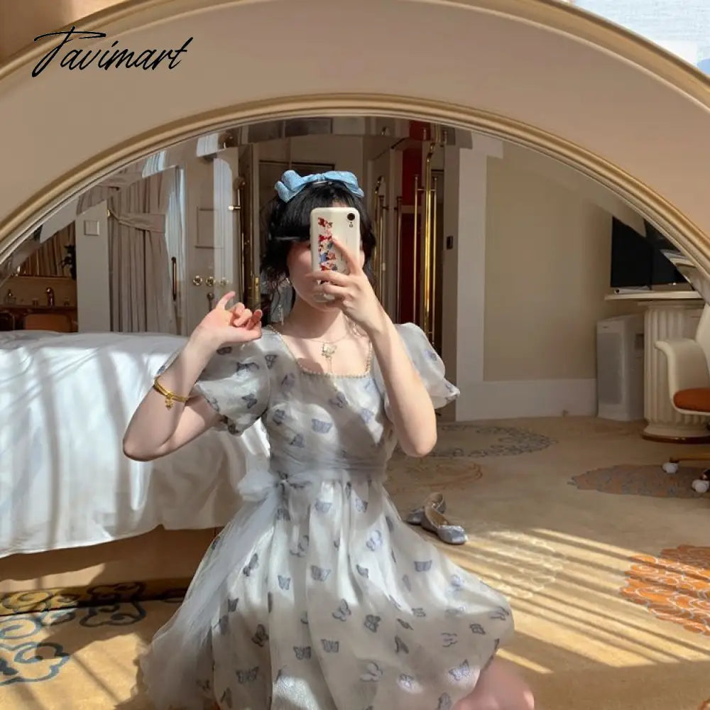 Spring Vintage Fairy Casual Printing Women Patchwork Mini Dress Ladies Elegant Princess Korean Mesh Party Dresses Y2k