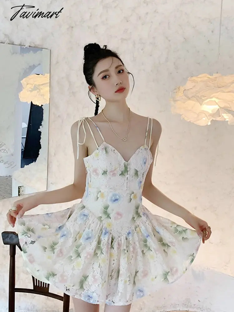 Spring Women' Clothing Dress Self-cultivation Tea Break French Style Lace Sexy Sweet Spicy Girl Lace Sling Feminine Dress