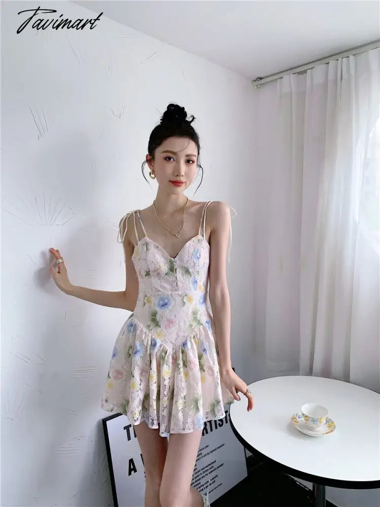 Spring Women' Clothing Dress Self-cultivation Tea Break French Style Lace Sexy Sweet Spicy Girl Lace Sling Feminine Dress
