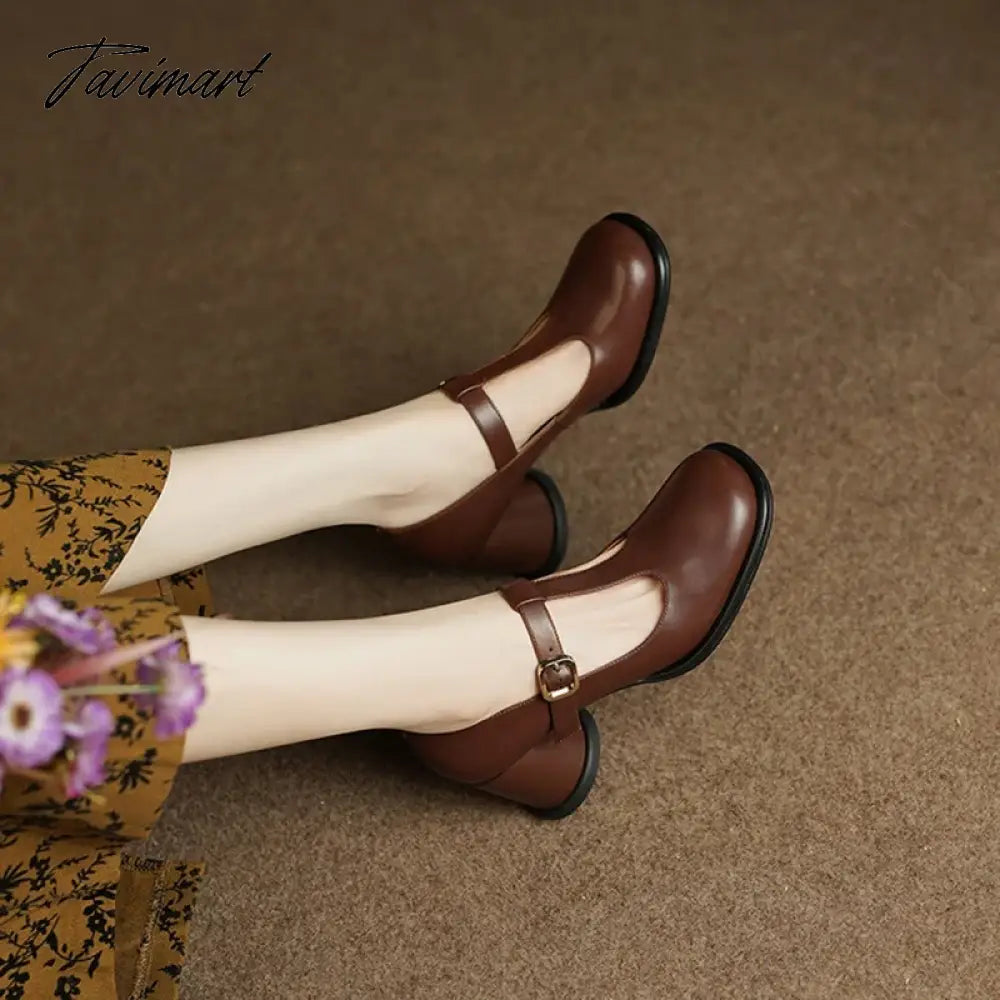 Spring Women Pumps Split Leather Shoes for Women Round Toe Chunky Heel Shoes Retro Round Heel Mary Janes Solid Black Shoes