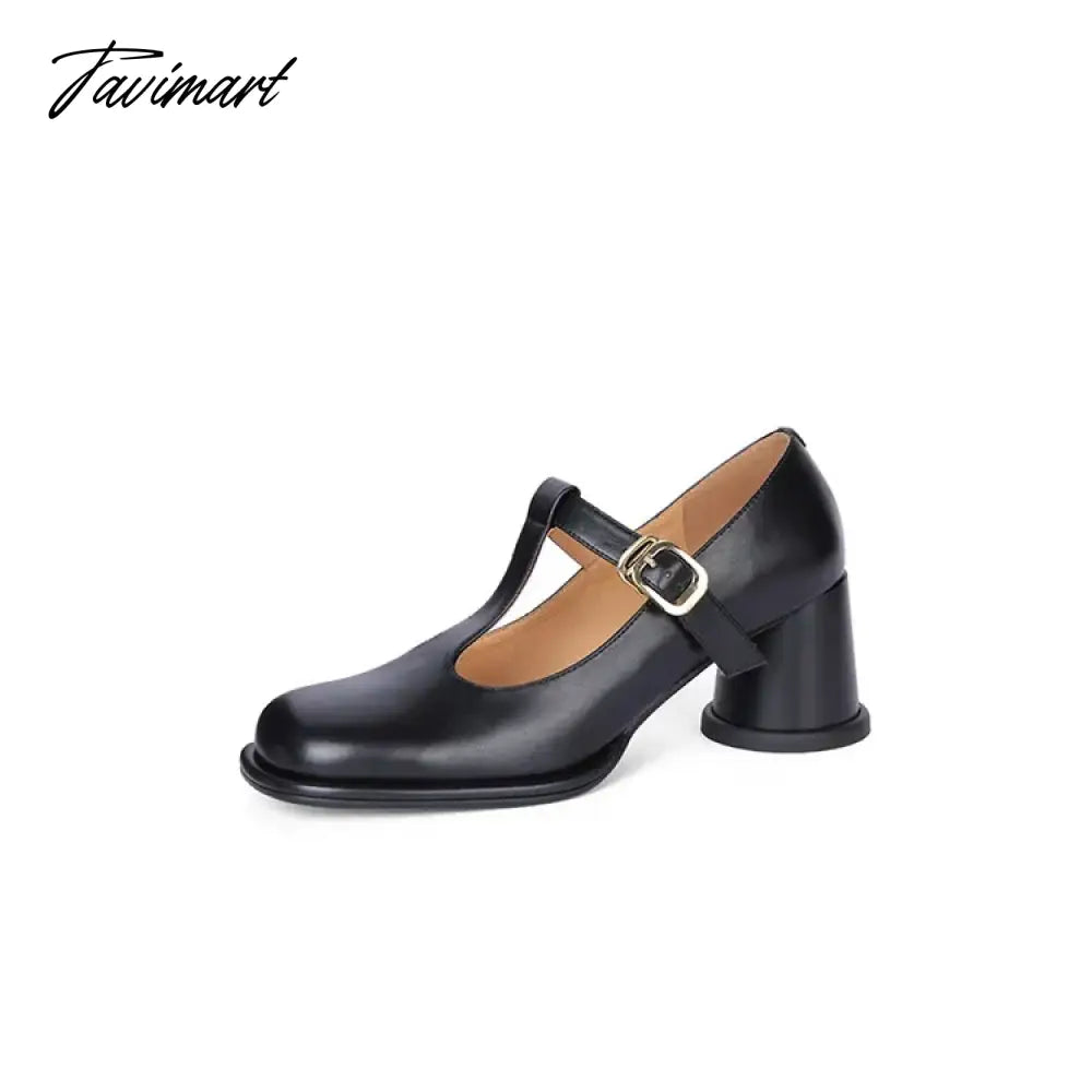 Spring Women Pumps Split Leather Shoes for Women Round Toe Chunky Heel Shoes Retro Round Heel Mary Janes Solid Black Shoes