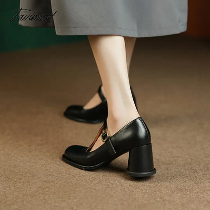 Spring Women Pumps Split Leather Shoes for Women Round Toe Chunky Heel Shoes Retro Round Heel Mary Janes Solid Black Shoes