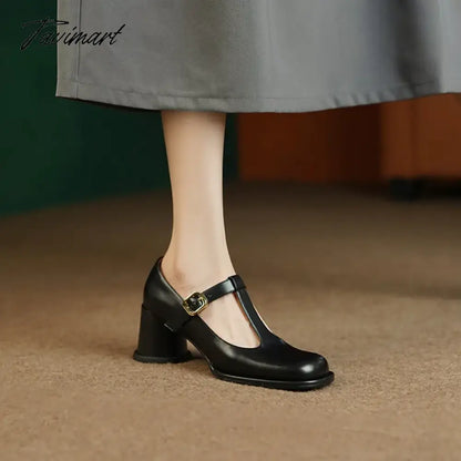 Spring Women Pumps Split Leather Shoes for Women Round Toe Chunky Heel Shoes Retro Round Heel Mary Janes Solid Black Shoes