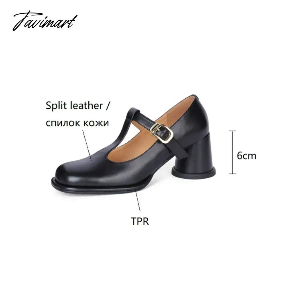 Spring Women Pumps Split Leather Shoes for Women Round Toe Chunky Heel Shoes Retro Round Heel Mary Janes Solid Black Shoes