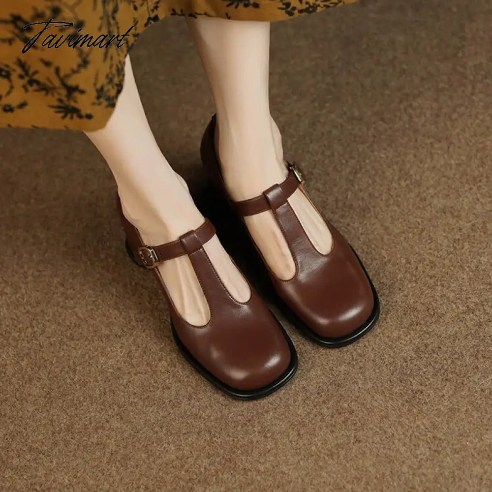 Spring Women Pumps Split Leather Shoes for Women Round Toe Chunky Heel Shoes Retro Round Heel Mary Janes Solid Black Shoes