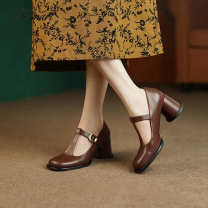 Spring Women Pumps Split Leather Shoes for Women Round Toe Chunky Heel Shoes Retro Round Heel Mary Janes Solid Black Shoes