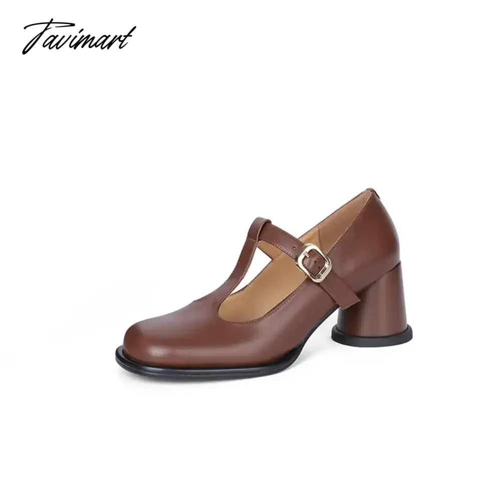 Spring Women Pumps Split Leather Shoes for Women Round Toe Chunky Heel Shoes Retro Round Heel Mary Janes Solid Black Shoes