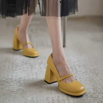 Spring Women's Pumps Genuine Leather Shoes for Women Round Toe Chunky Heel Shoes Super High Heel Mary Janes Sweet Platform Shoes