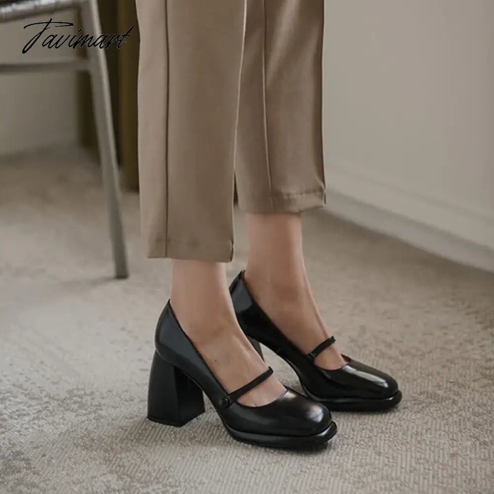Spring Women's Pumps Genuine Leather Shoes for Women Round Toe Chunky Heel Shoes Super High Heel Mary Janes Sweet Platform Shoes
