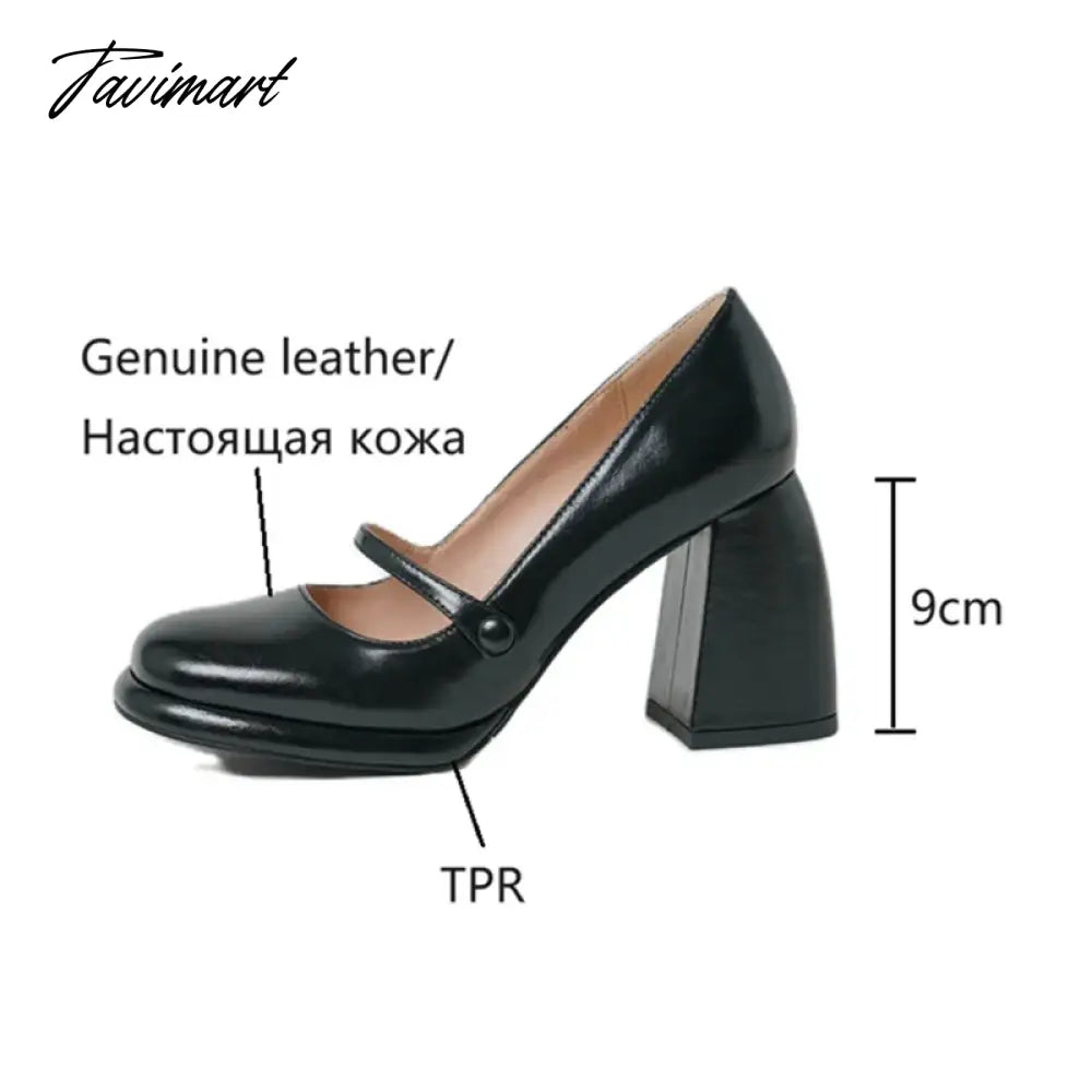 Spring Women's Pumps Genuine Leather Shoes for Women Round Toe Chunky Heel Shoes Super High Heel Mary Janes Sweet Platform Shoes