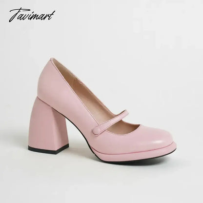 Spring Women's Pumps Genuine Leather Shoes for Women Round Toe Chunky Heel Shoes Super High Heel Mary Janes Sweet Platform Shoes