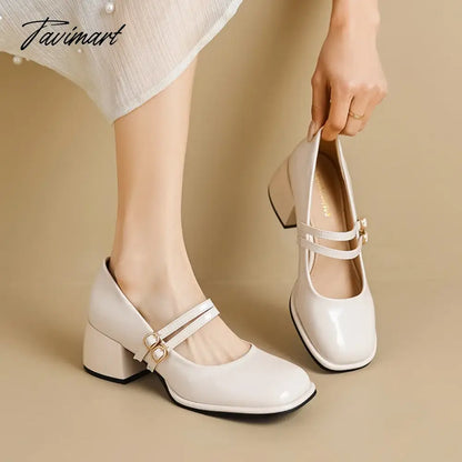 spring women's shoes ladies high heels Casual Mary Janes white square toe design career and commuting Korean style 41-43