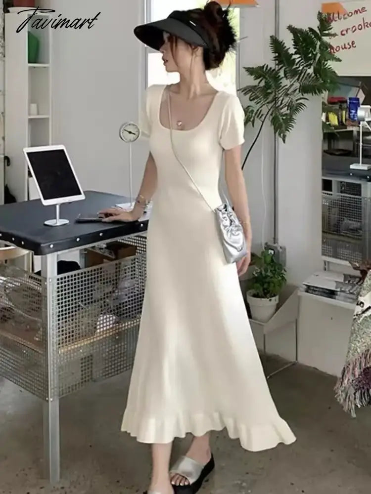 Square Neck Short Sleeve Ice Silk Knit Dress 2024 Summer New French Nicole Ruffle Long Dresses Women's