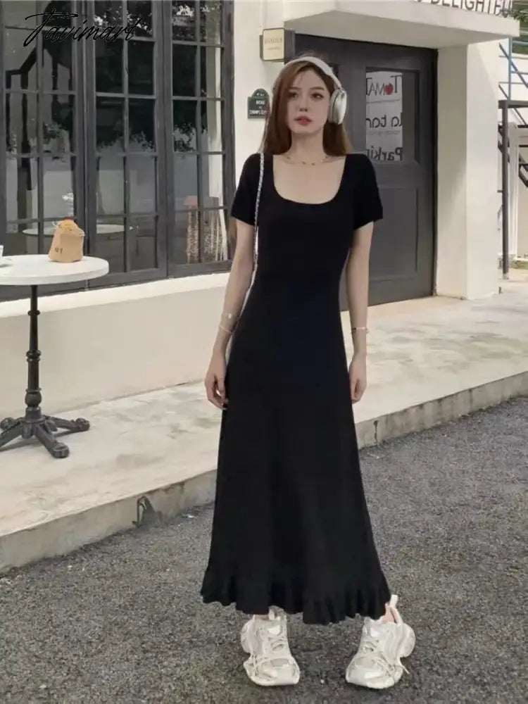 Square Neck Short Sleeve Ice Silk Knit Dress 2024 Summer New French Nicole Ruffle Long Dresses Women's