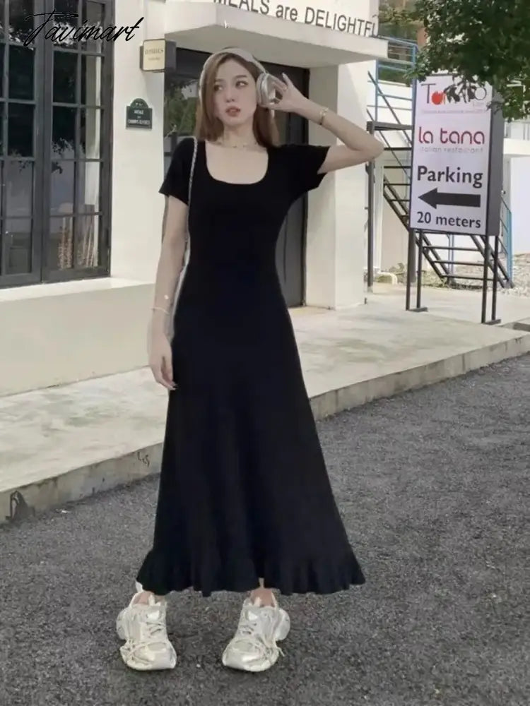 Square Neck Short Sleeve Ice Silk Knit Dress 2024 Summer New French Nicole Ruffle Long Dresses Women's