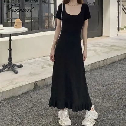 Square Neck Short Sleeve Ice Silk Knit Dress 2024 Summer New French Nicole Ruffle Long Dresses Women's