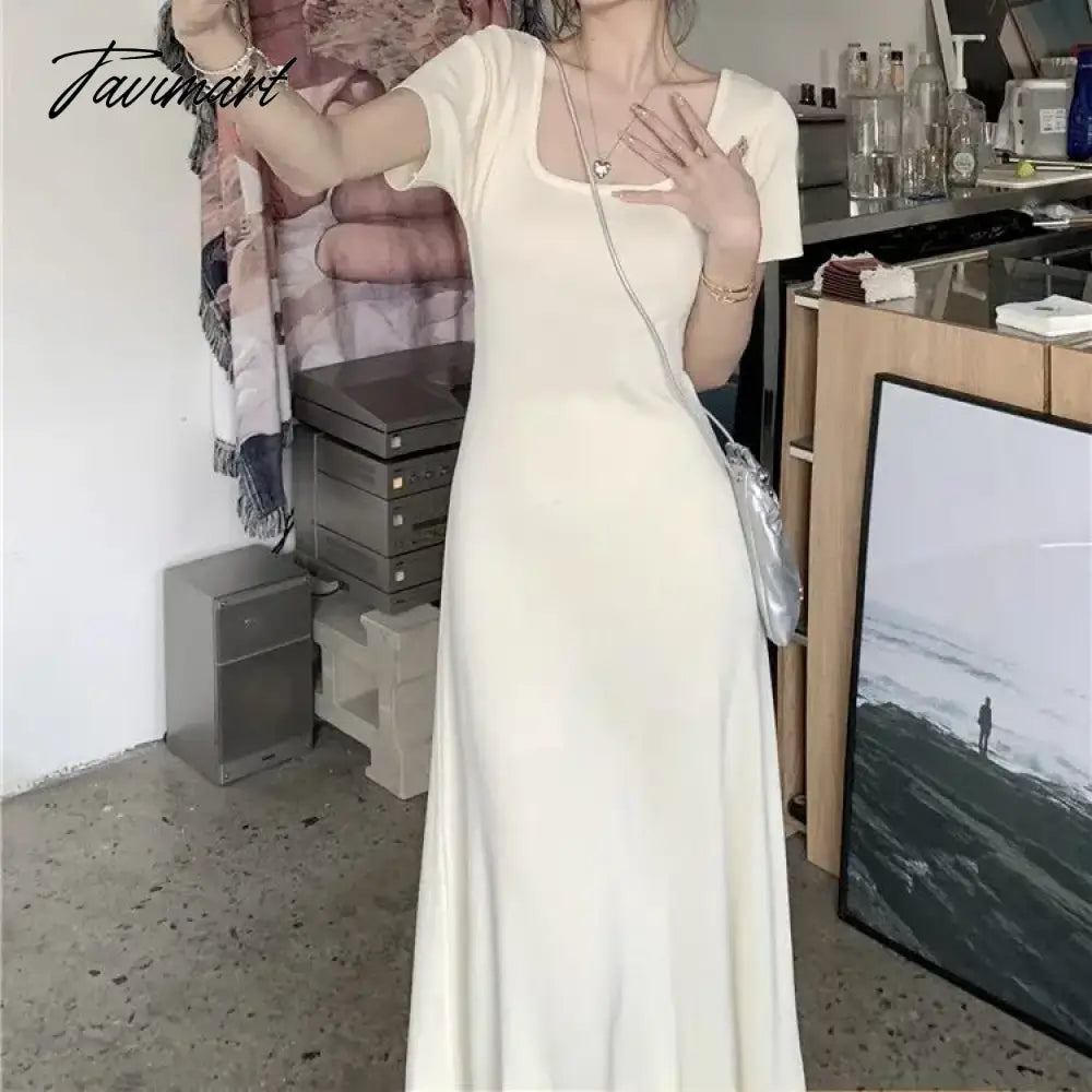 Square Neck Short Sleeve Ice Silk Knit Dress 2024 Summer New French Nicole Ruffle Long Dresses Women's