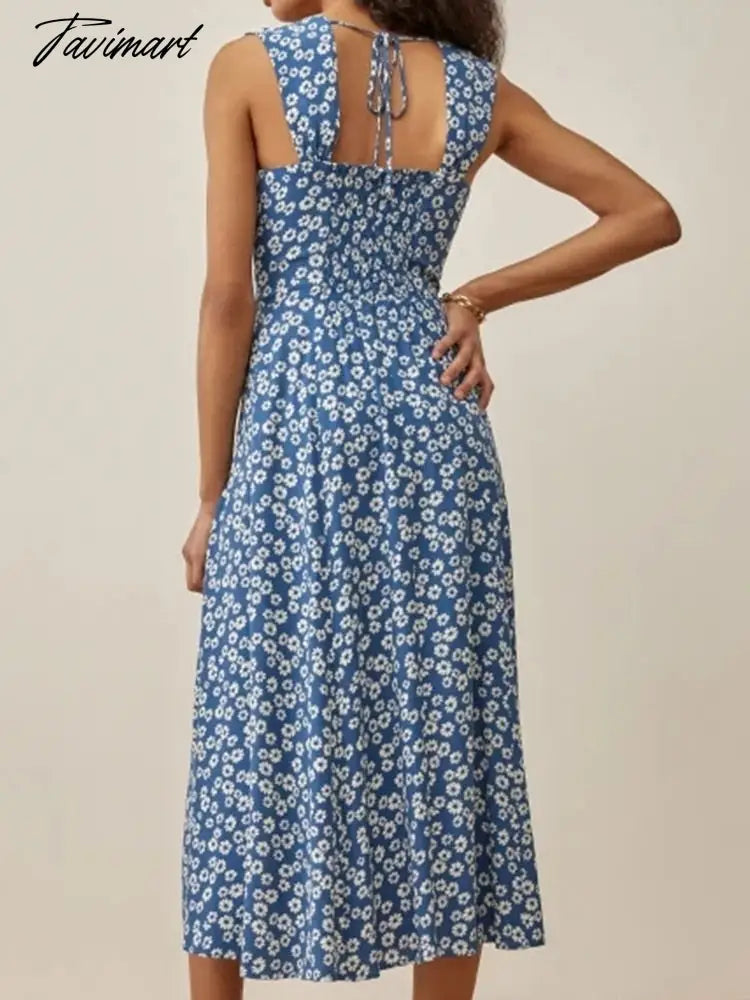 Store Traf Retro Blue Floral Print Summer Tank Vestidos Clothing Buttons Traf Womens Dresses Official Back Tie Midi Dress