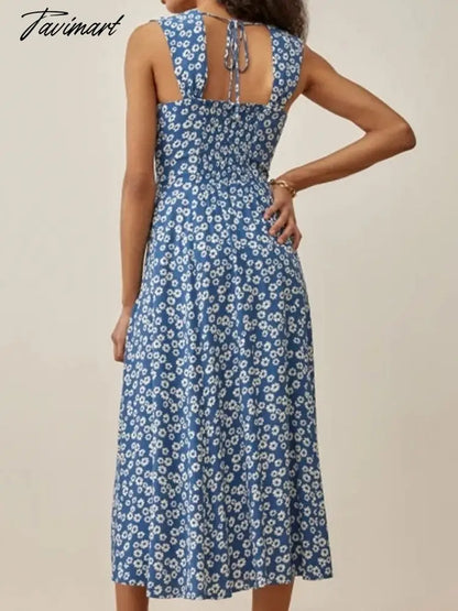 Store Traf Retro Blue Floral Print Summer Tank Vestidos Clothing Buttons Traf Womens Dresses Official Back Tie Midi Dress