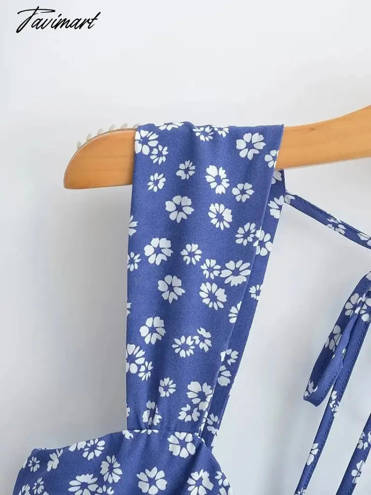 Store Traf Retro Blue Floral Print Summer Tank Vestidos Clothing Buttons Traf Womens Dresses Official Back Tie Midi Dress