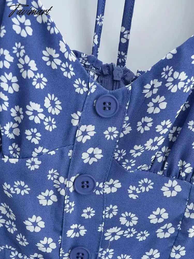 Store Traf Retro Blue Floral Print Summer Tank Vestidos Clothing Buttons Traf Womens Dresses Official Back Tie Midi Dress