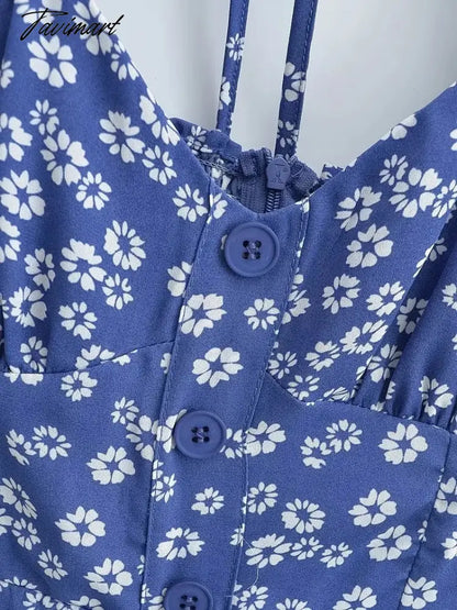 Store Traf Retro Blue Floral Print Summer Tank Vestidos Clothing Buttons Traf Womens Dresses Official Back Tie Midi Dress