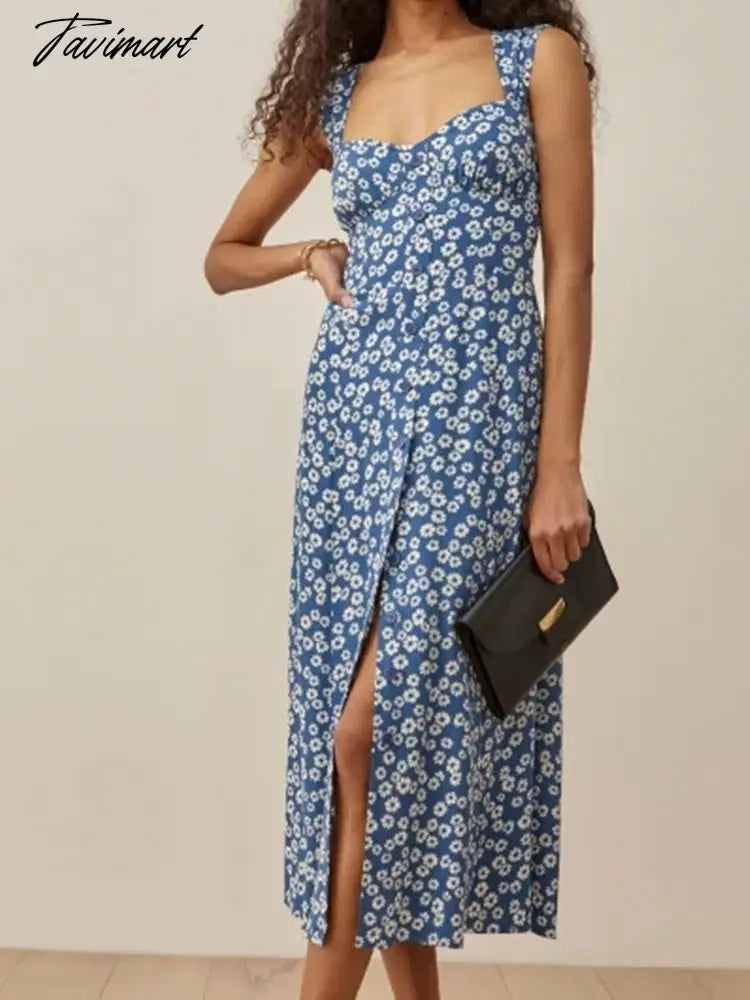 Store Traf Retro Blue Floral Print Summer Tank Vestidos Clothing Buttons Traf Womens Dresses Official Back Tie Midi Dress