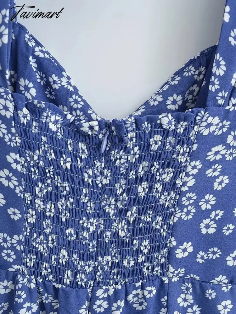 Store Traf Retro Blue Floral Print Summer Tank Vestidos Clothing Buttons Traf Womens Dresses Official Back Tie Midi Dress