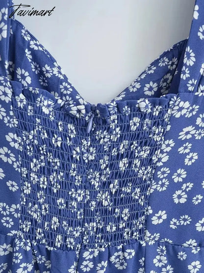 Store Traf Retro Blue Floral Print Summer Tank Vestidos Clothing Buttons Traf Womens Dresses Official Back Tie Midi Dress