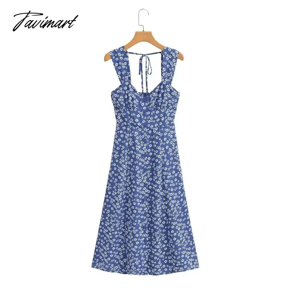 Store Traf Retro Blue Floral Print Summer Tank Vestidos Clothing Buttons Traf Womens Dresses Official Back Tie Midi Dress