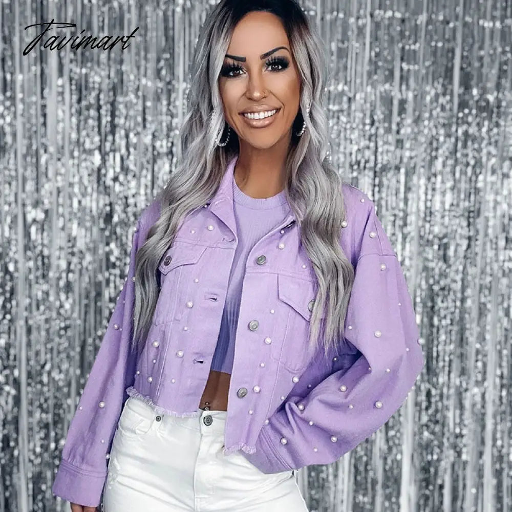 Streetwear Pearls Spring Jacket For Women Casual 5 Color Long Sleeve Cropped Coat Chic Winter Outerwear