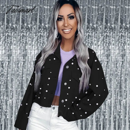 Streetwear Pearls Spring Jacket For Women Casual 5 Color Long Sleeve Cropped Coat Chic Winter Outerwear